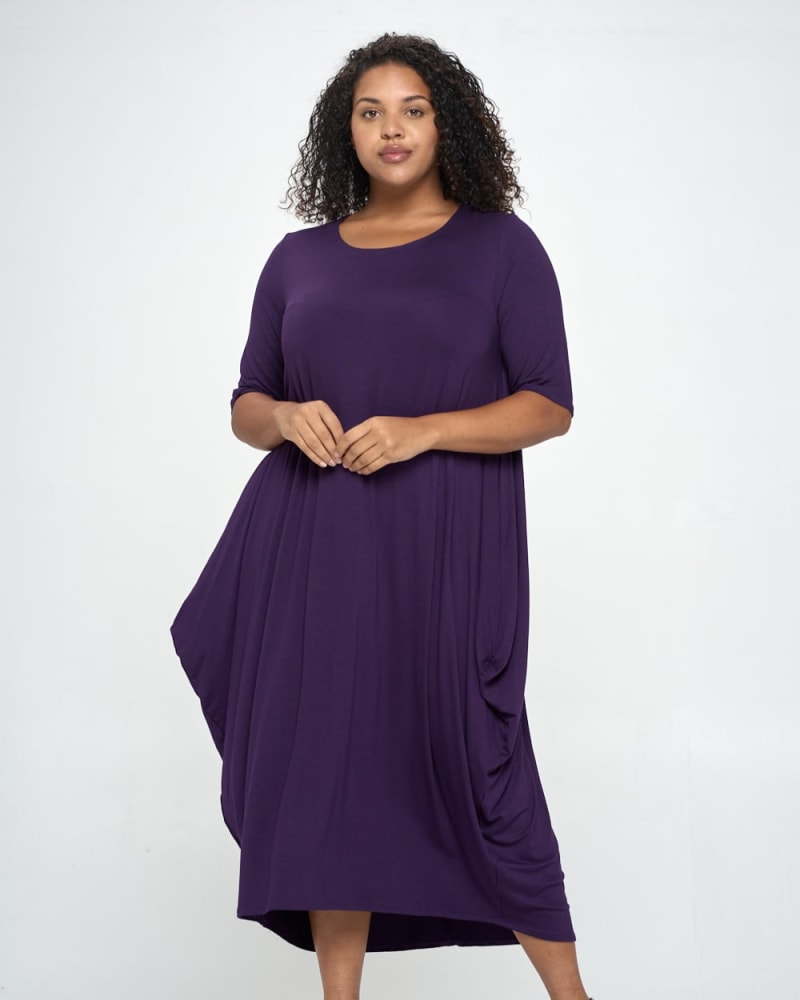 Front of a model wearing a size 1X Nevaeh Midi Dress in Dark Eggplant by L I V D. | dia_product_style_image_id:274182